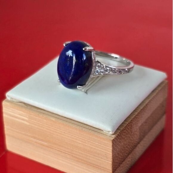 Natural Lapis Lazuli & CZ 925 Sterling Silver Ring - Picture 7 of 8
